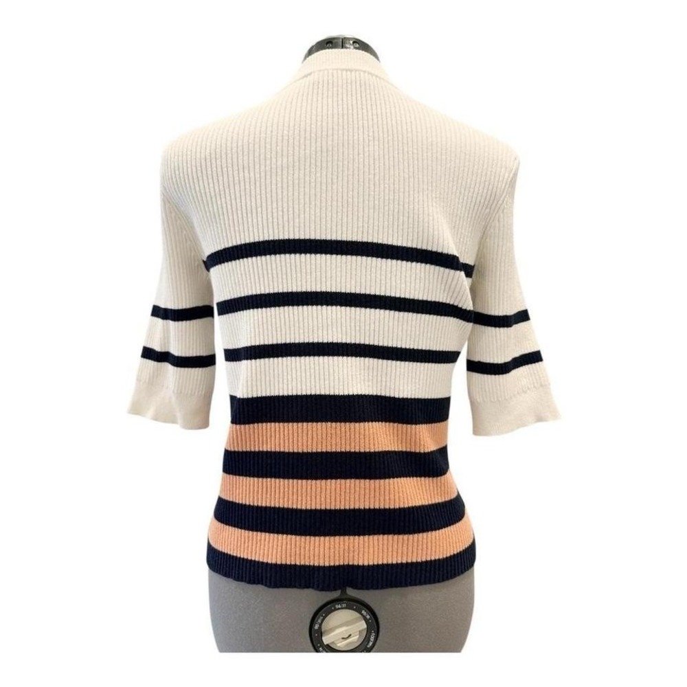 FRAME Ribbed Knit Striped Sweater White Navy Blue Peach Elbow Sleeve Womens L - Picture 4 of 8
